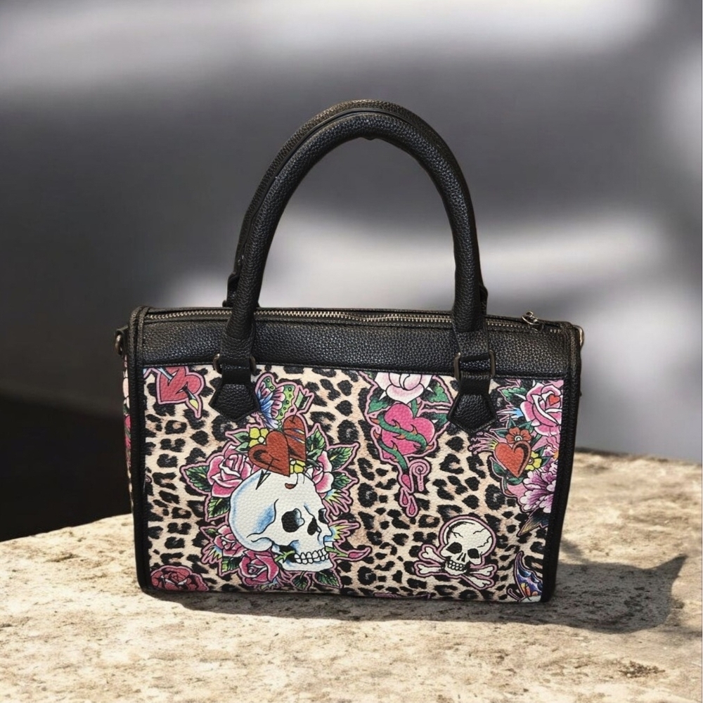 Ed Hardy Satchel Bag In Cheetah with Floral Skull Design, NWT - Picture 8 of 8
